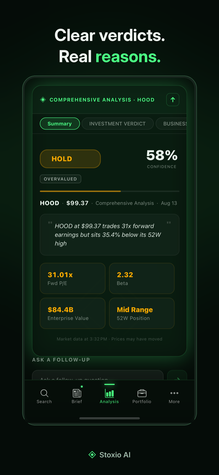 AI stock analysis with verdict and confidence score