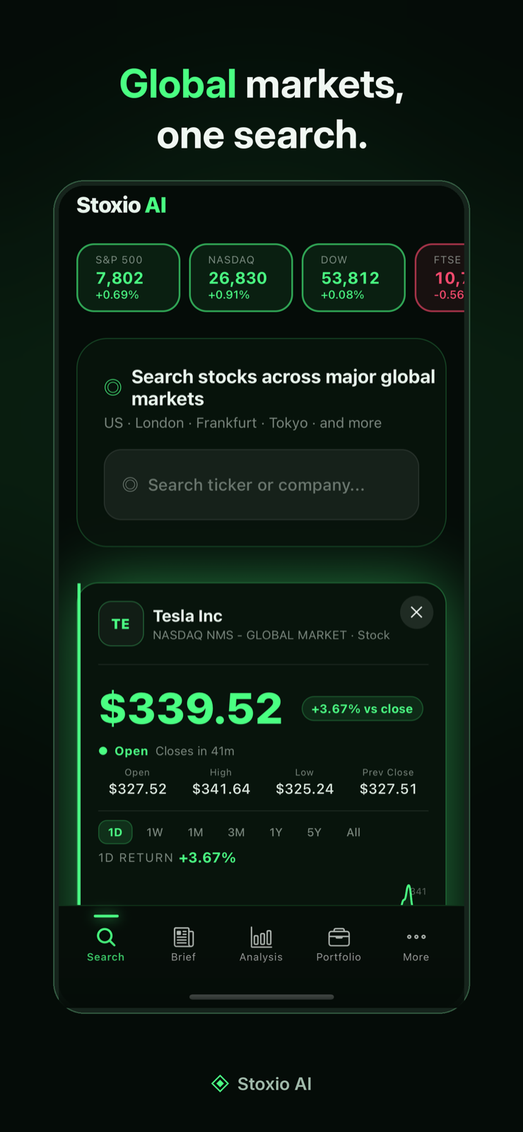 Stock search with trending tickers and market data
